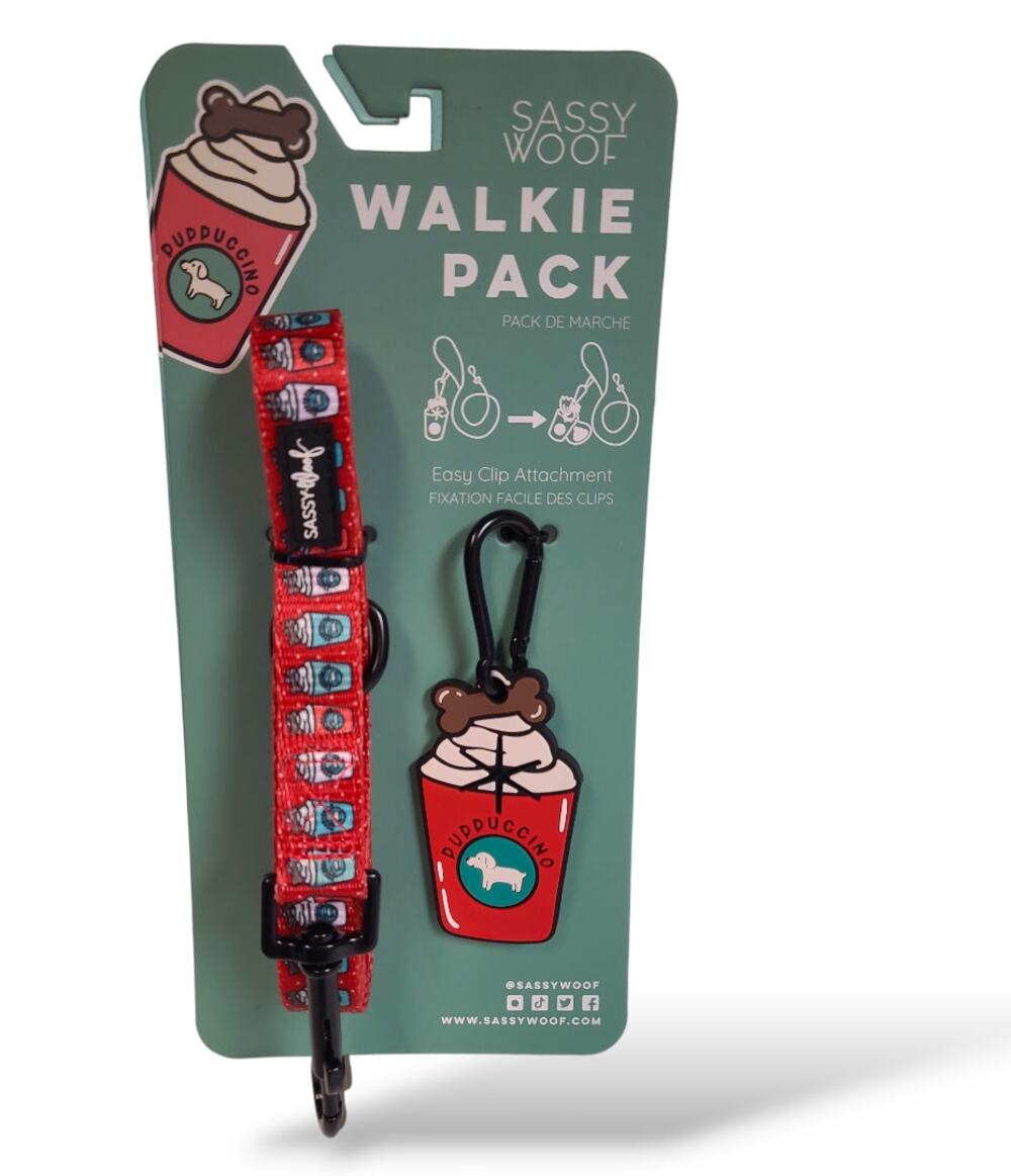 Sassy Woof Puppuccino Walkie Pack Dog Leash & Waste Bag 60" NEW Coffee Theme